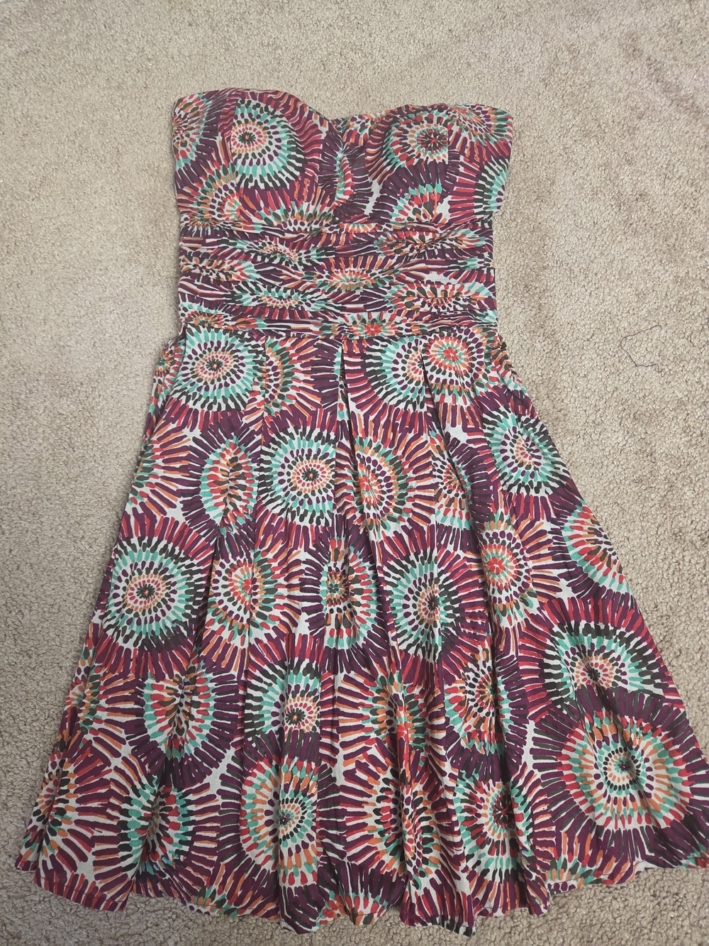 Strapless Floral Print A-Line Dress in Burgundy and Teal